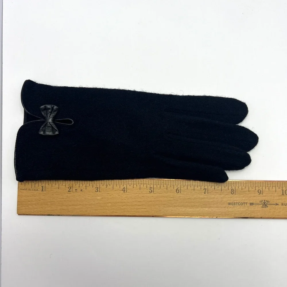 Elegant Black Knit Gloves Leather Bow Womens Small Touchscreen Finger Coquette